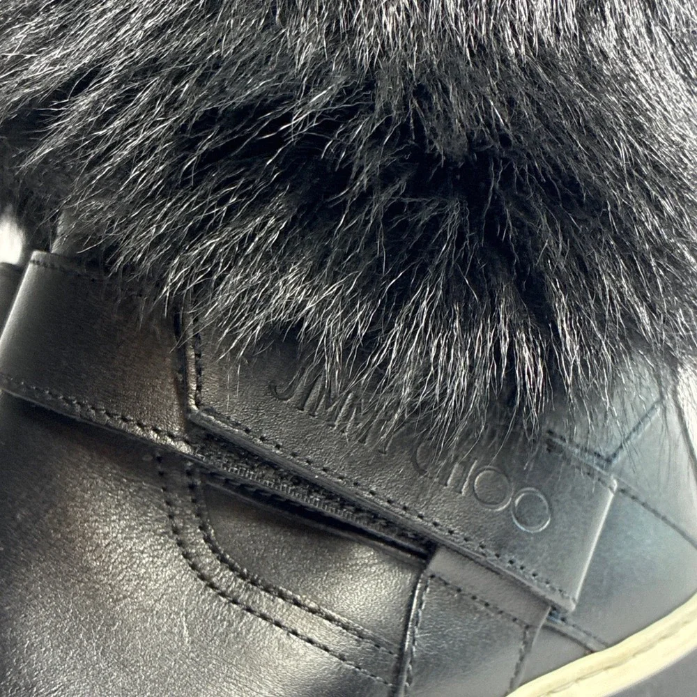 Jimmy Choo Black Leather Faux Fur Trim Mid Calf Boots‎ Size 35 Made in Italy